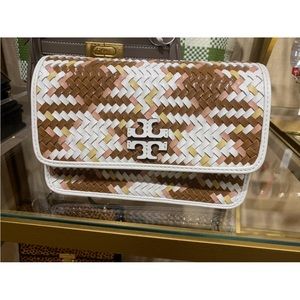 Tory Burch Britten Woven Chain Wallet Color Ivory Brown Pink Multicolor New